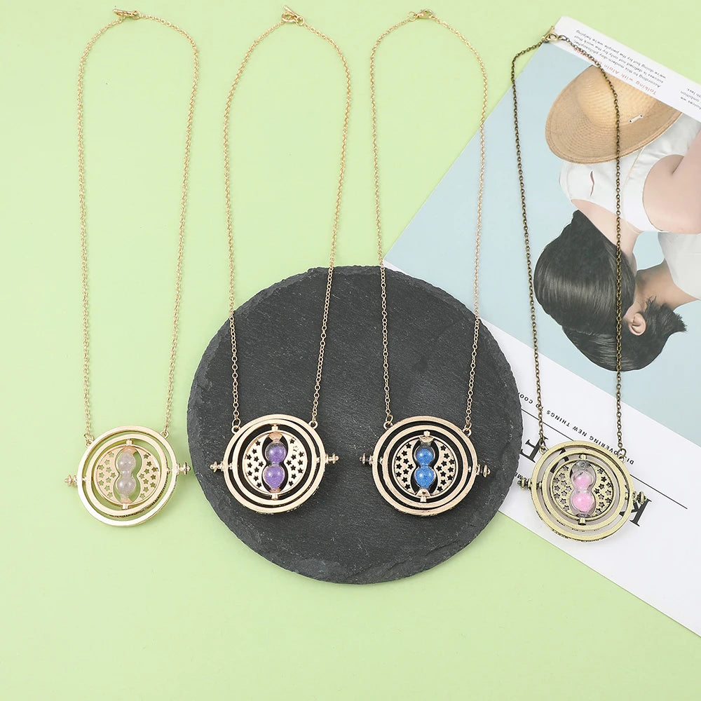 Hermione Granger Time Turner Hourglass Pendant Necklace - Cosplay Costume Jewelry Wand Triangle Design Gift for Fans