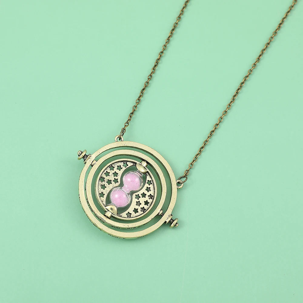 Hermione Granger Time Turner Hourglass Pendant Necklace - Cosplay Costume Jewelry Wand Triangle Design Gift for Fans